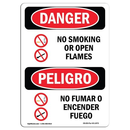 SIGNMISSION Safety Sign, OSHA Danger, 24" Height, Aluminum, No Smoking Or Open Flames Spanish OS-DS-A-1824-VS-1475